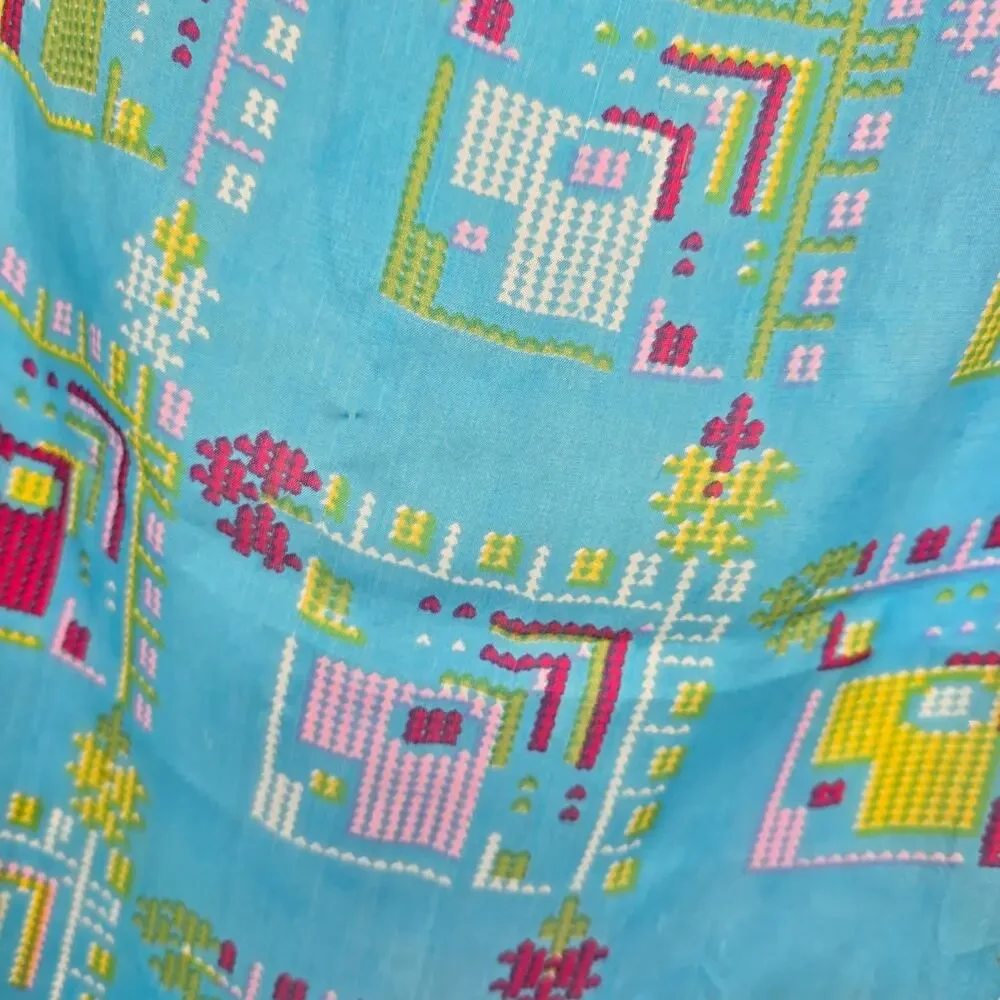 Vintage Desen India 100% Turkish Silk Scarf – Bright Blue Folk Geometric Pattern